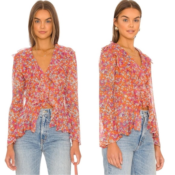 Free People Nina Printed Top Tulips XS Ditsy Floral V Neck Plunge Ruffles Sheer - Picture 1 of 15